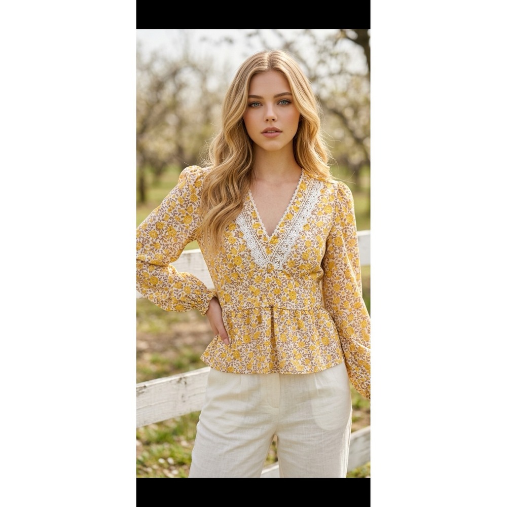 Alice Blue Yellow Floral Lace Trim Peplum Blouse V-Neck Long Sleeve Top XL